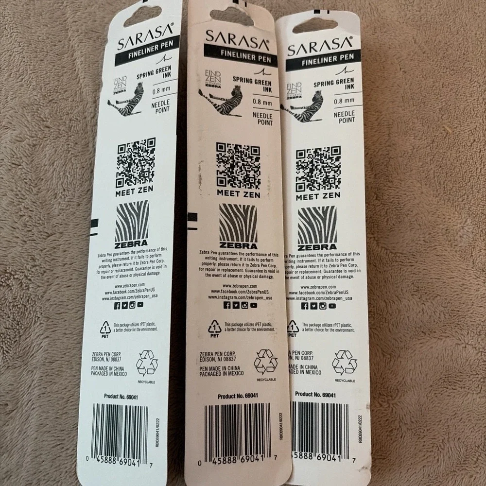 3 Zebra Sarasa Fineliner Pens 0.8mm Spring‎ Green Ink Needle Point Acid Free